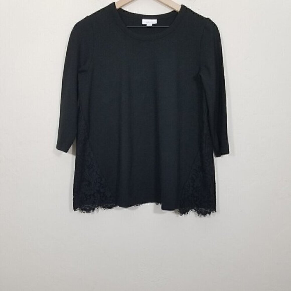 J. Jill Ponte 3/4 Sleeve Lace Overlay Shirt Pullover Top Stretch Black Size S